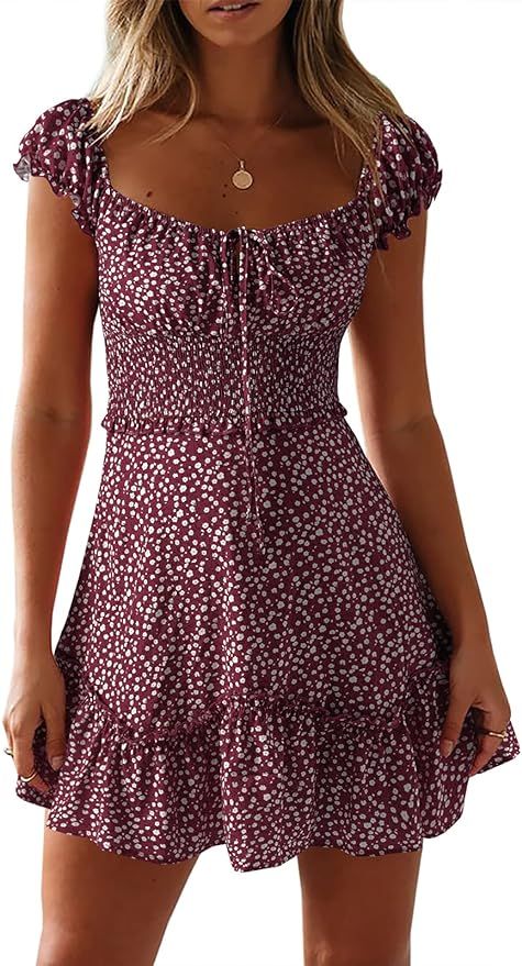 YOBECHO Womens Summer Sexy Sweetheart Collar Printed Ruffle Mini Dress | Amazon (US)