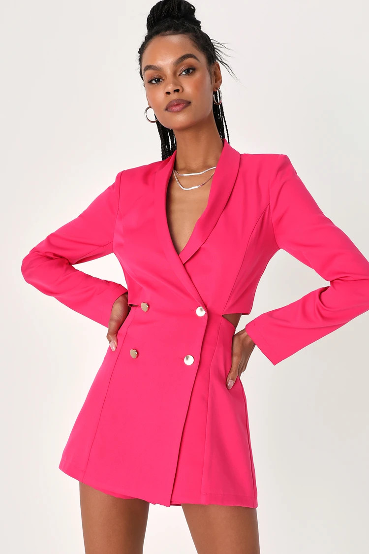 Ahead of the Trend Hot Pink Long Sleeve Blazer Romper | Lulus (US)