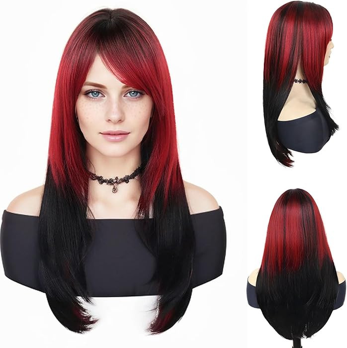 GNIMEGIL Two Tone Red and Black Wigs for Women 26 inch Long Straight Synthetic Wig Drag Queen Rol... | Amazon (US)