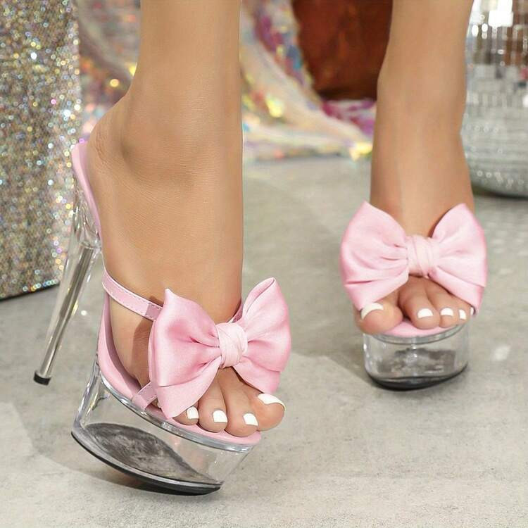 Women's Stiletto Car Model High Heels Shoes Catwalk Pole Dance Crystal Pink Bow Sandals Slipper | SHEIN