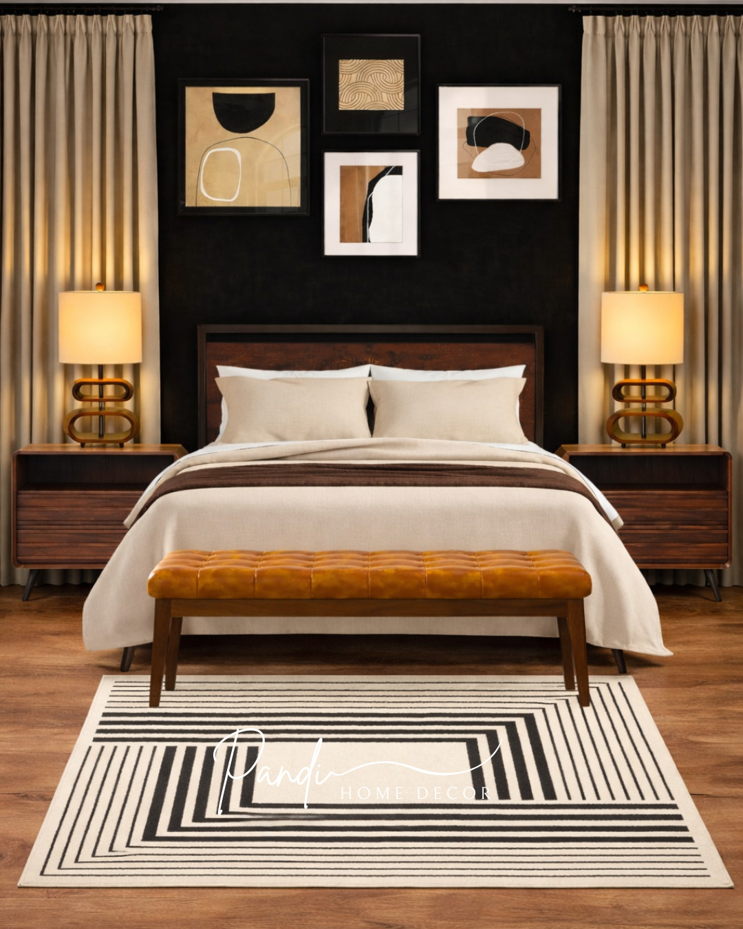 Dark wood panel headboard, black accent wall, gallery wall with abstract neutral art, beige and tan bedding, chocolate brown decorative throw, tan lumbar pillow, cognac leather tufted bench, mid-century modern wood nightstands, sculptural wood base table lamps, cream linen floor-length curtains, black and white geometric concentric rug, masculine chic bedroom, earthy neutral palette, sophisticated modern interior, warm ambient lighting. 

 #LTKHome