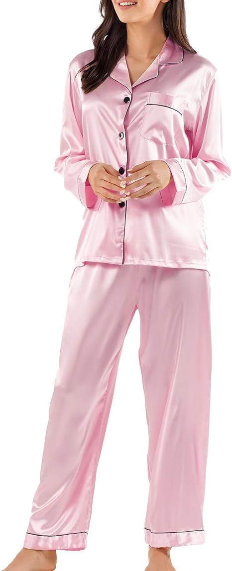 GAESHOW Women Silk Pajamas Set Long Sleeve Ladies Satin PJ Sets Button-Down Pajama Sleepwear Loun... | Amazon (US)