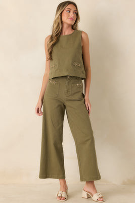 Stable Style Olive Green Horsebit Accent Sleeveless Denim Top L / Olive | Red Dress
