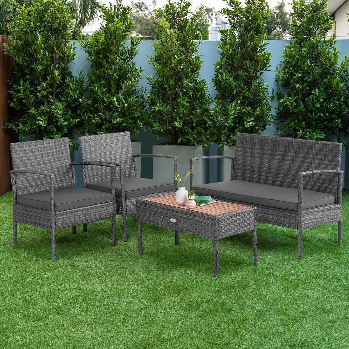 Costway 4PCS Patio Rattan Furniture Set Cushioned Chair Wooden Tabletop Gray | Target