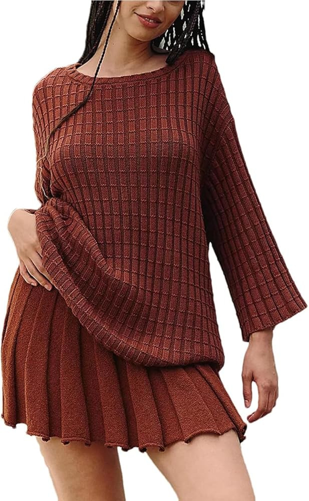 VECVOC Sweater Set Two Piece Skirt Sets for Women Long Sleeve Two Piece Outfits Loose Knit Pullov... | Amazon (US)
