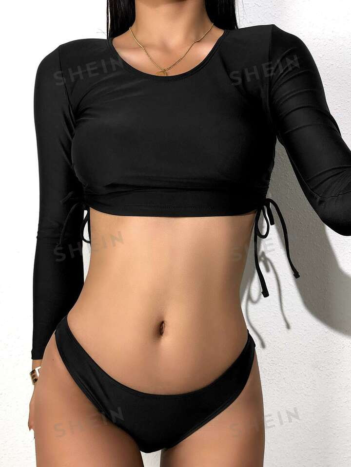 SHEIN Swim Drawstring Knot Side Bikini Swimsuit With Long Sleeve Swim Shirt | SHEIN