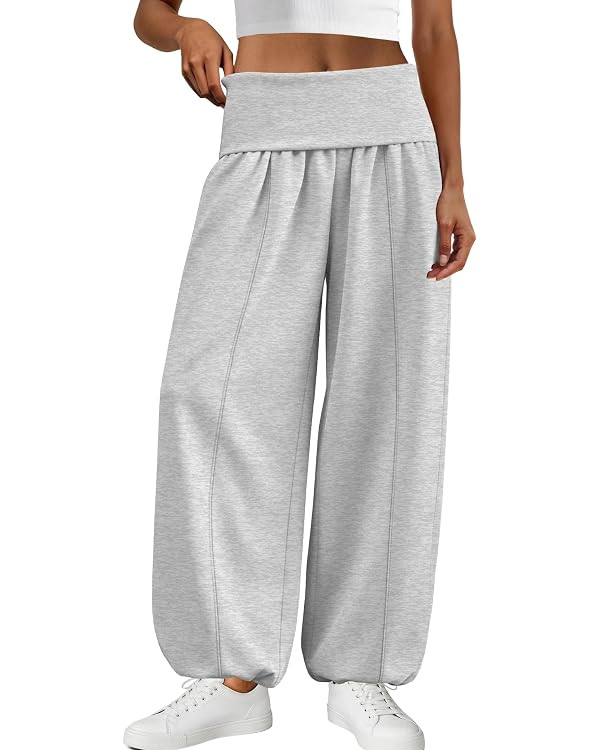 Panadila Womens Fold Over Balloon Pants Casual Baggy Wide Leg Sweatpants High Waisted Pants with ... | Amazon (US)
