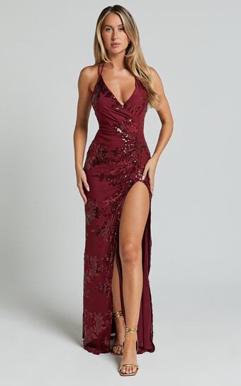 Out Till Dawn Maxi Dress - Thigh Split Dress in Wine Sequin | Showpo (US, UK & Europe)