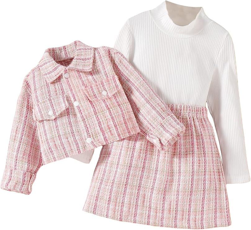 WDIRARA Toddler Girl's 3 Piece Outfits Plaid Tweed Jacket and Mini Skirt Set with Tee Top | Amazon (US)