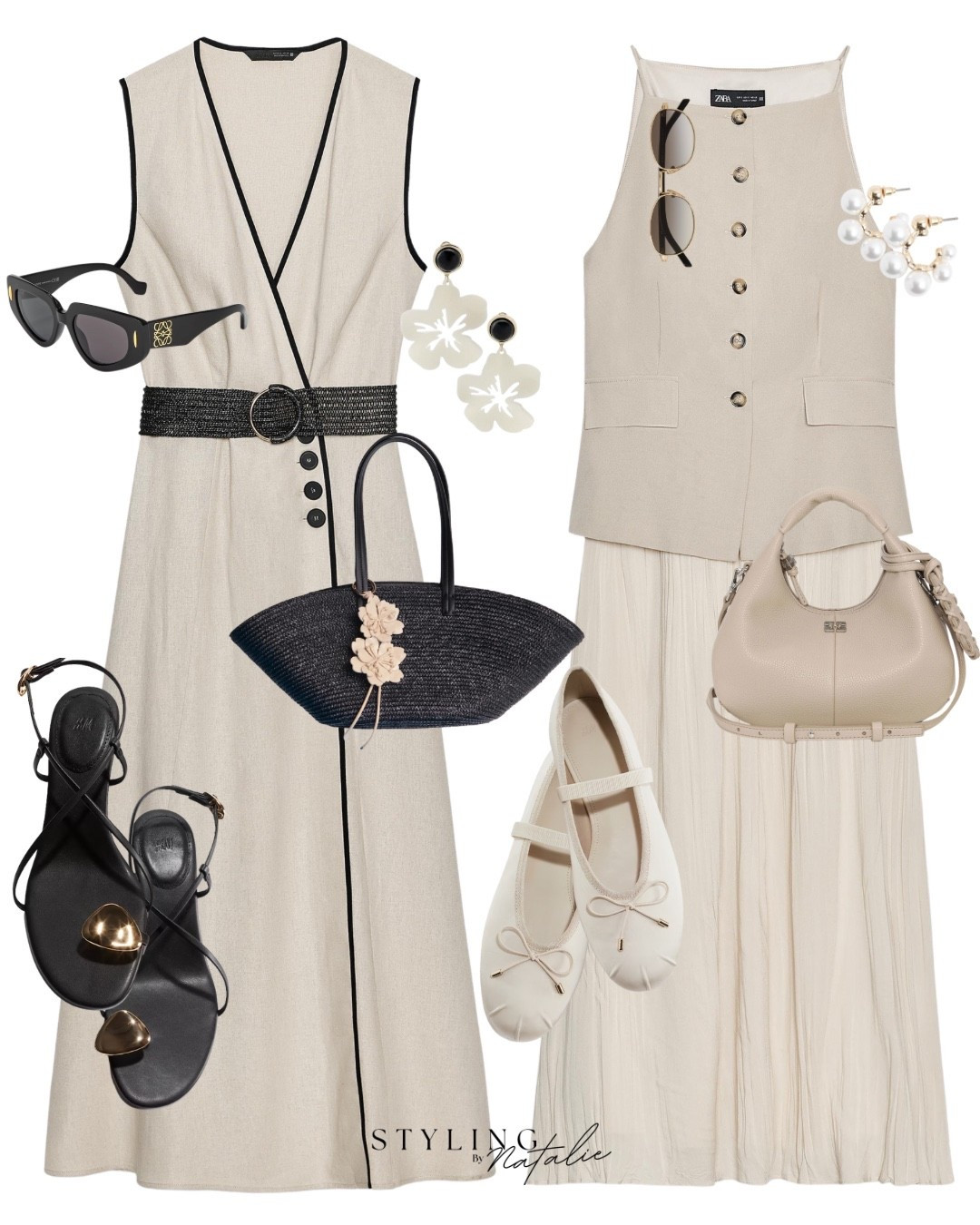 Zara midi dresses, neutral dresses, sandals, waistcoat dress, belted linen dress, satin ballet pumps, straw tote bag, Loewe sunglasses. High street dress, casual chic 

#LTKsummer #LTKdresses #LTKuk