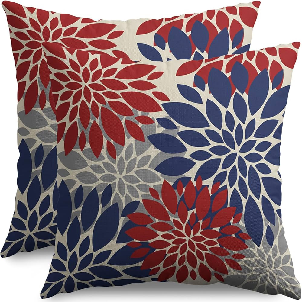 4th of July Pillow Covers 18X18 Inch Set of 2, Patriotic Blue Red Grey Modern Dahlia Floral Print... | Amazon (US)