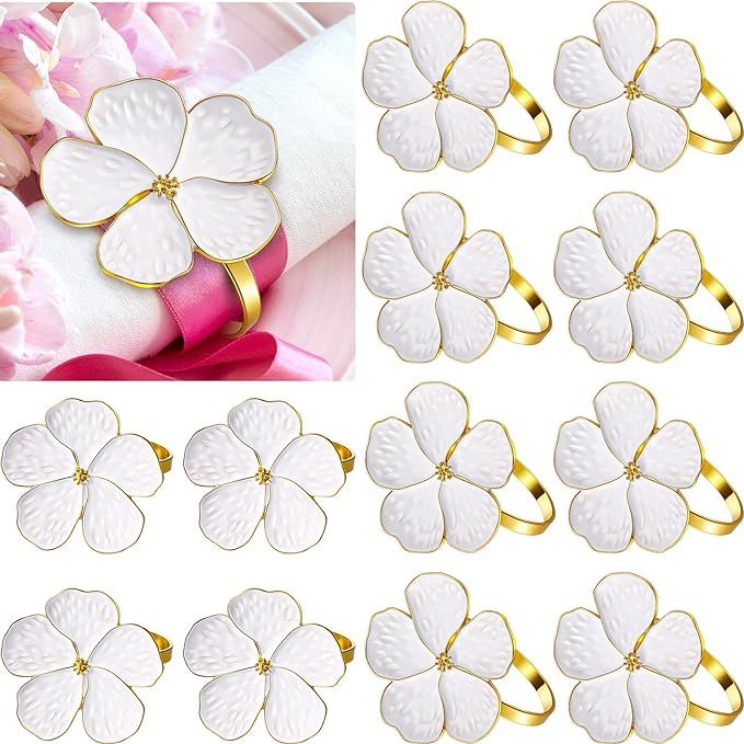 Patelai 6 Pcs White Flower Napkin Rings Set, Holiday Gold Napkin Ring Holder Floral Serviette Buc... | Amazon (US)