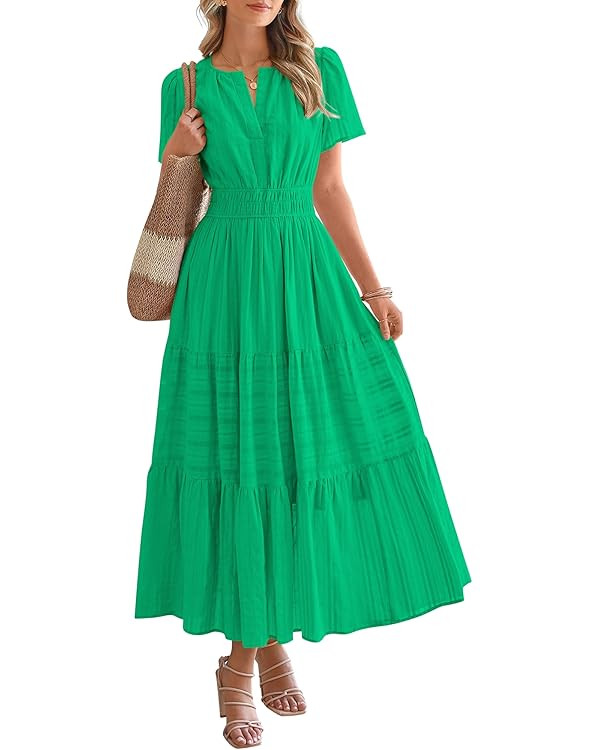 BTFBM Womens Summer 2025 Casual Midi Maxi Dresses Lightweight Short Sleeve V Neck Elastic Waist B... | Amazon (US)