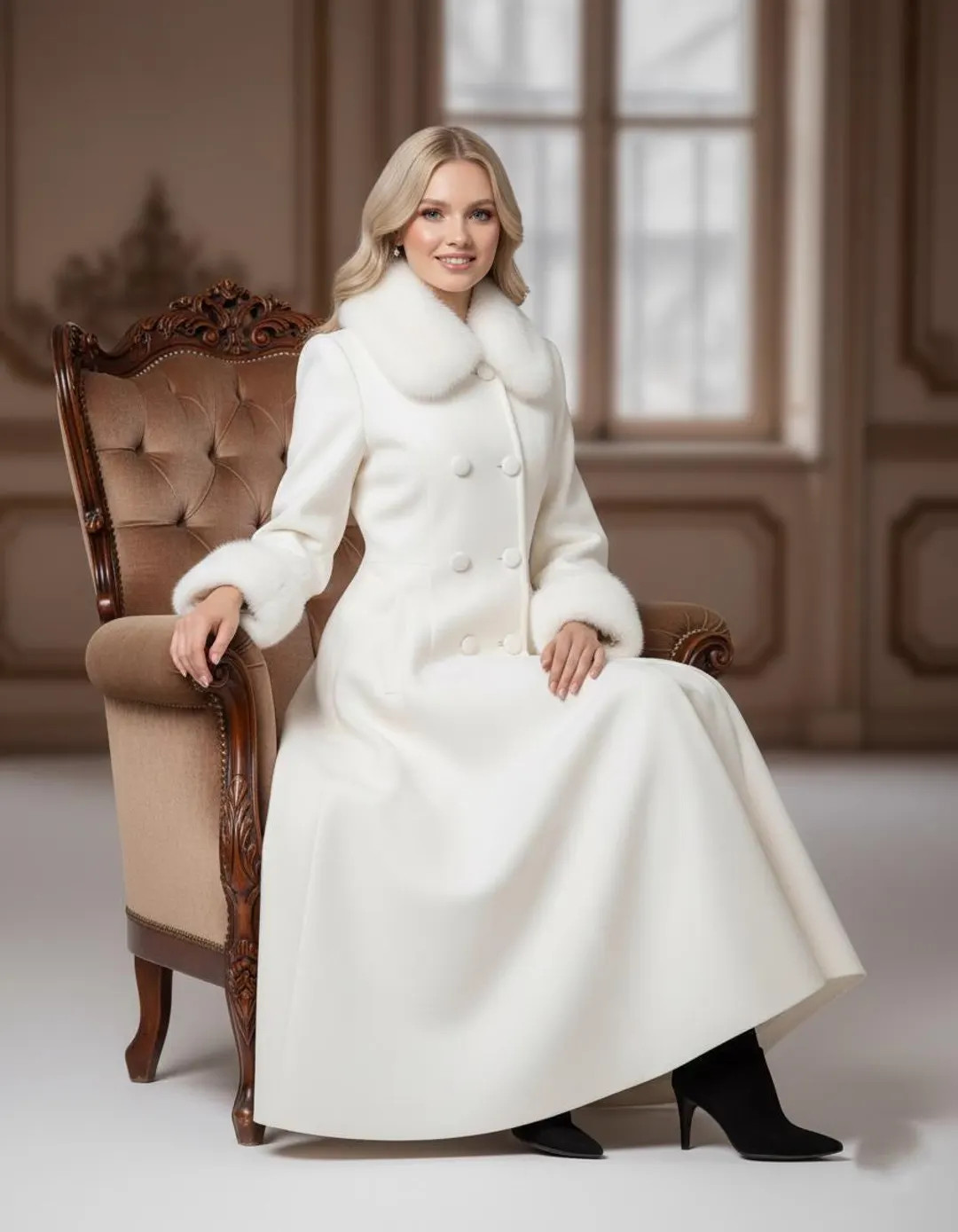 Women’s Long White Winter Coat, Elegant Wool Overcoat with Faux Fur Collar &Cuffs Luxury Vintag... | Etsy (US)