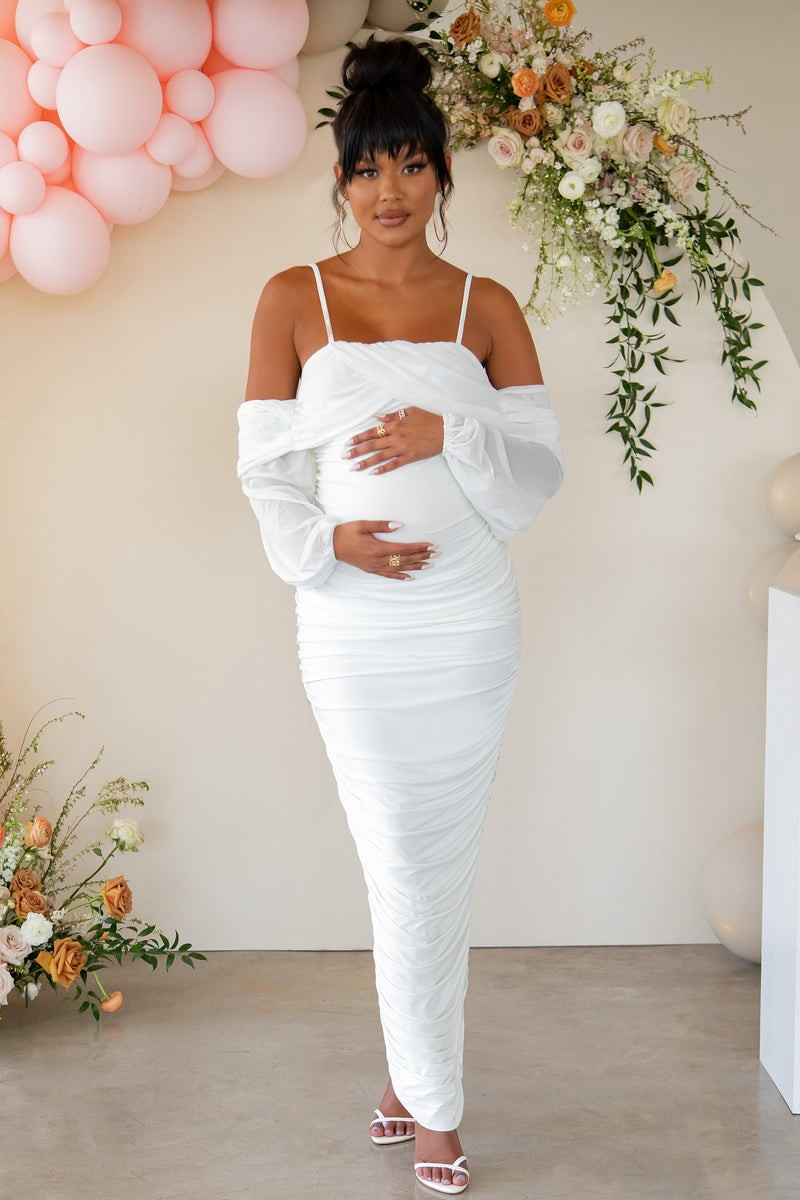 Announcement | White Maternity Ruched Mesh Maxi Dress | Club L London