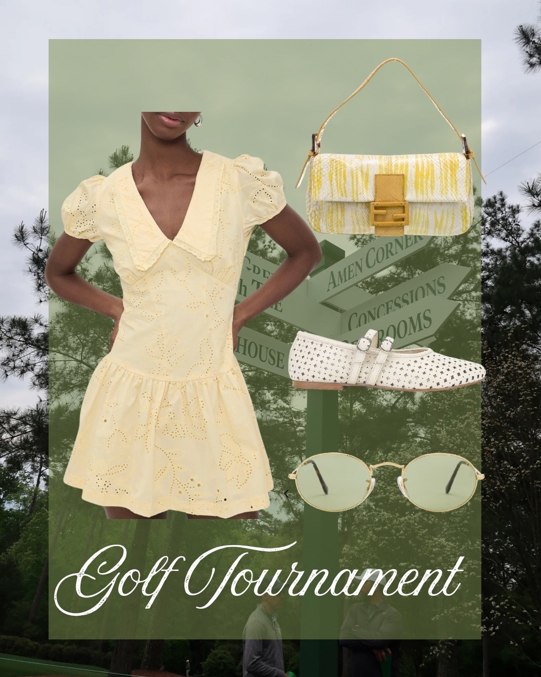 Golf tournament outfits Augusta the masters PGA spring yellow dress fendi ballet flats 

#LTKootd