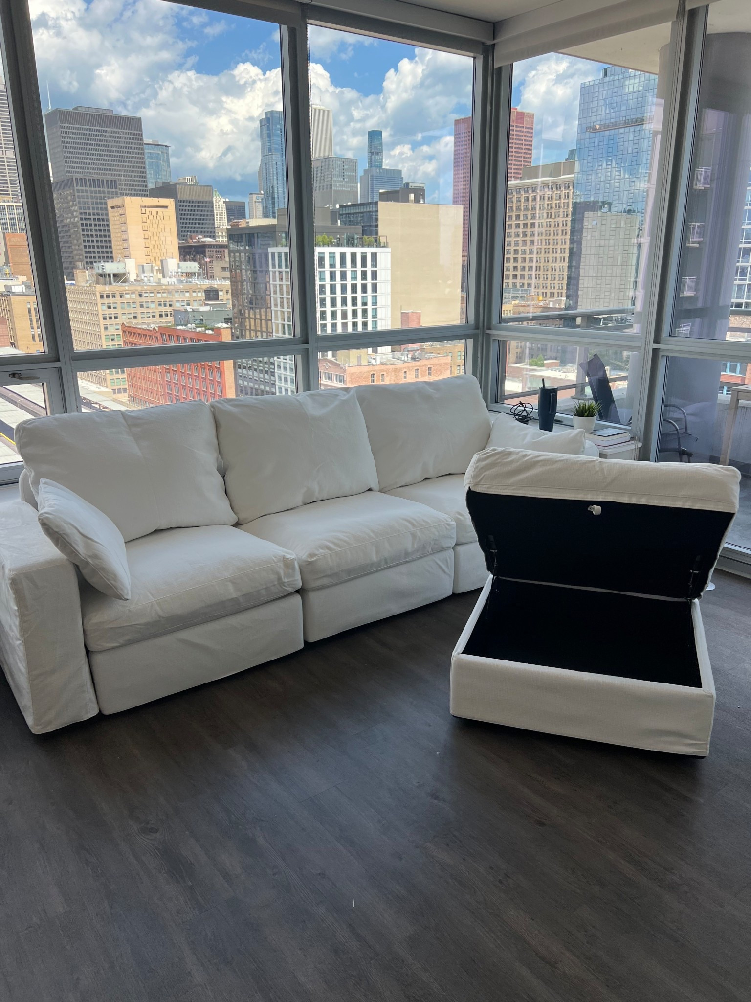Still need to steam out the wrinkles but - I love!! Cloud couch with ottoman storage!! It is like 97% white but has a slight ivory color to her as well. I absolutely love. Soft material too! #apartment #couch 

#LTKHome #LTKU