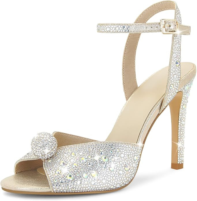 SOVANYOU Women's Rhinestone High Heels Round Open Toe Stiletto Heeled Sandals with Ankle Strap Br... | Amazon (US)