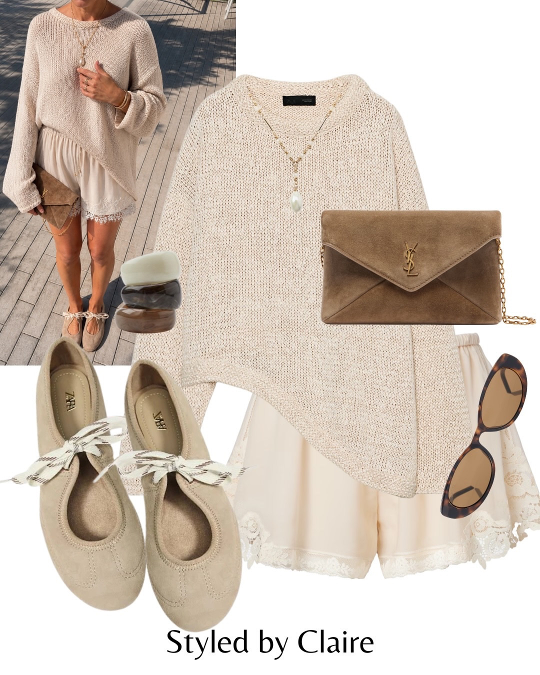 CREAM SHORTS🥨
Tags: asymmetric knit jumper Zara neutral lace trim shorts suede ballet flats strap beige Zara resin bracelets ysl clutch sunglasses fashion spring summer inspo outfit ideas city break cool girl chic womens brunch holiday vacation baby shower 

#LTKspring #LTKsummer #LTKstyletip