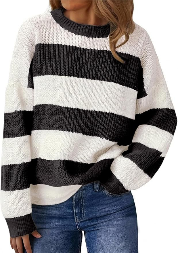 SunnyMelody Womens Cute Color Block Striped Sweater Fall 2025 Pullover Knit Tops - Ribbed Crew Ne... | Amazon (US)