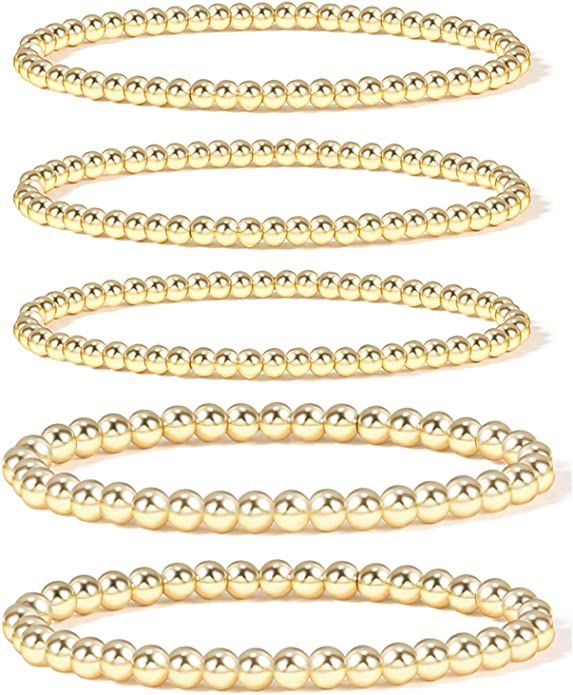 Amazon.com: Gold Bead Bracelet for Women,14K Gold Plated Bead Ball Bracelet Stretchable Elastic B... | Amazon (US)