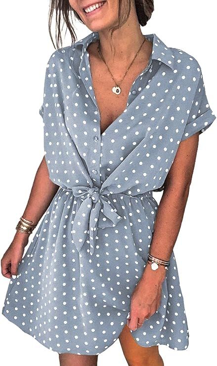 Sidefeel Womens V Neck Button Down Polka Dot Printed Short Sleeve Mini Dresses | Amazon (US)