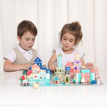 Wooden Building Blocks Set , City Construction Stacker Stacking Preschool Learning Educational To... | Amazon (US)
