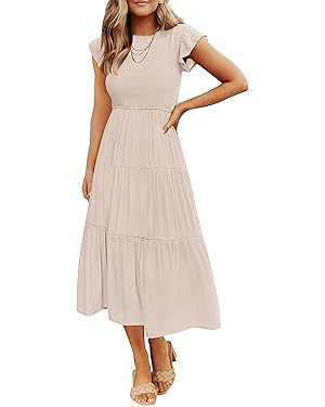 ZESICA Women's 2024 Summer Casual Flutter Short Sleeve Crew Neck Smocked Elastic Waist Tiered Mid... | Amazon (US)