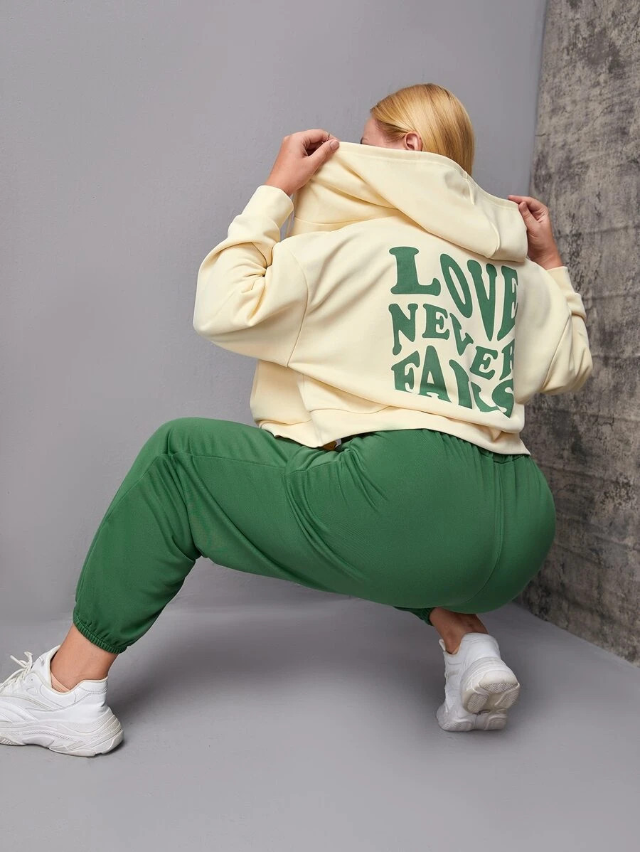 HomeWomen Plus ClothingPlus Size Co-OrdsPlus Slogan Graphic Drop Shoulder Drawstring Hoodie & Swe... | SHEIN