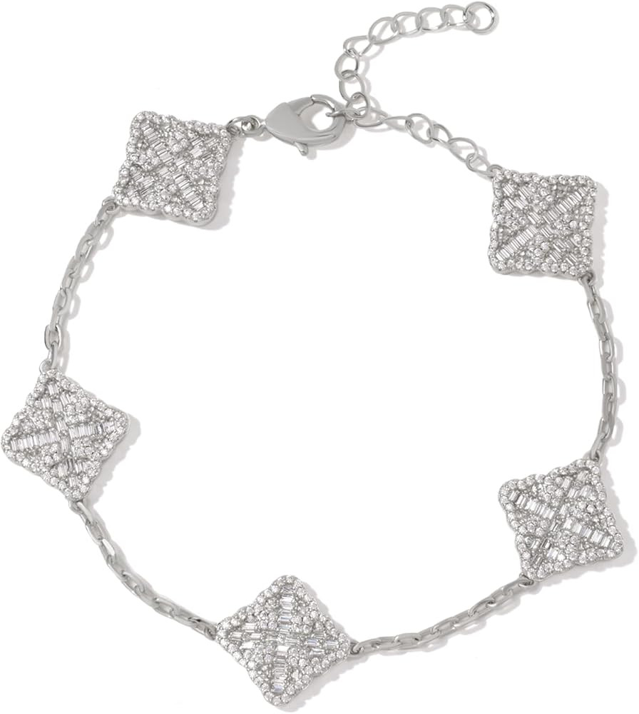 Iced Out 5A Cubic Zirconia Five-Flower Lucky Bracelet, Adjustable Chain Bracelet Dainty Four Leaf... | Amazon (US)