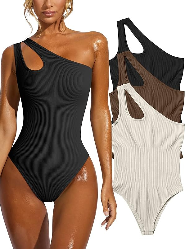 OQQ Women's 3 Piece Bodysuits Sexy Ribbed Sleeveless One Shoulder Tank Tops Exercise Bodysuits | Amazon (US)