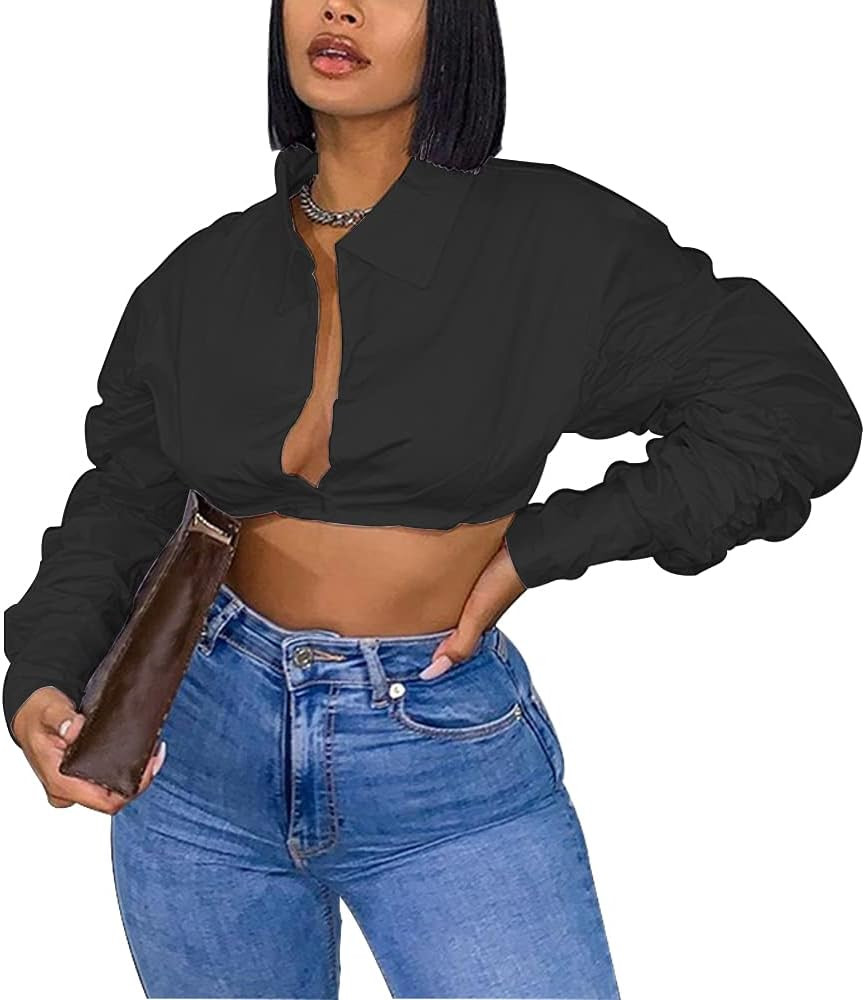 Azhong Women's Collared Puff Long Sleeve Deep V Neck Button Crop Top Blouse Shirt | Amazon (US)