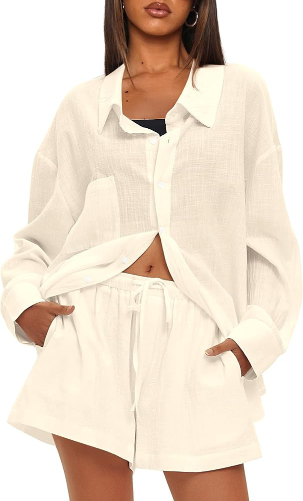 Darong Women's Summer 2 Piece Outfit Sets Long Sleeve Button Down Shirts Matching Short Sets Beac... | Amazon (US)