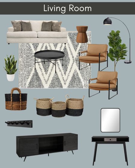 Living room furniture, couch, accent chairs, metal coffee table, floor lamp, area rug, tv stand, wall mirror, decorative baskets, faux plants, wall coat rack 

#LTKstyletip #LTKhome #LTKSeasonal