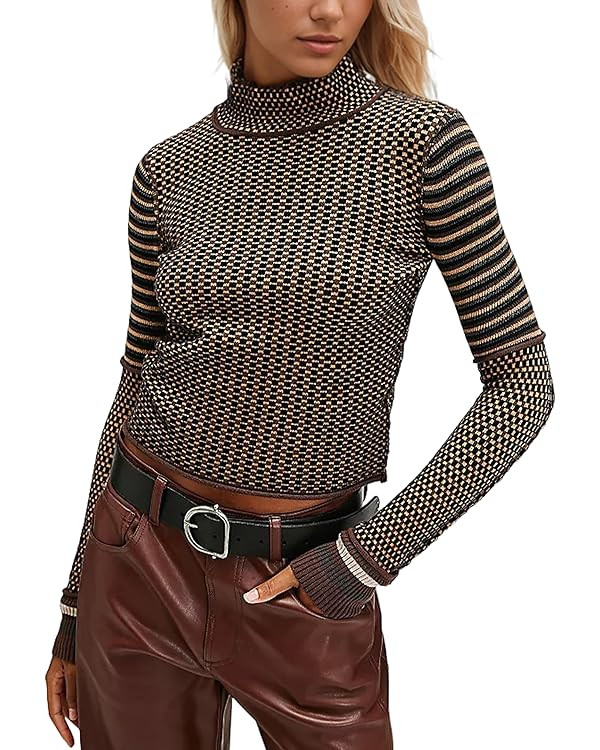 Casual Mock Neck Striped Cropped Sweater for Women Slim Fit Long Sleeve Plaid Pullover Sweater Co... | Amazon (US)