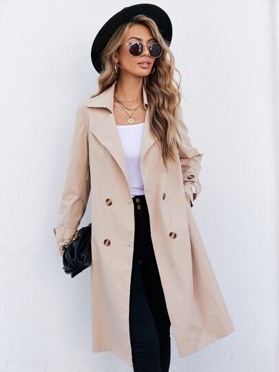 Lapel Neck Double Breasted Trench Coat | SHEIN