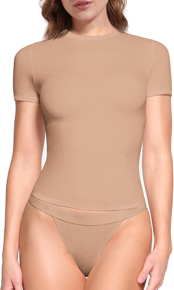 SHAPERX Women's Basic T-Shirts Crew Neck Short Sleeve Double Lined Summer Tops Slim Fit Tees | Amazon (US)