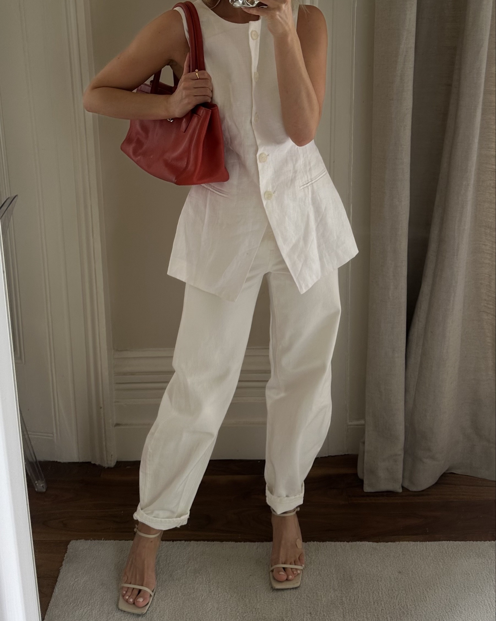 Summer outfit, all white outfit, red Chanel bag, Dissh waistcoat, Toteme jeans and heels, barrel leg jeans 

#LTKuk #LTKstyletip #LTKsummer