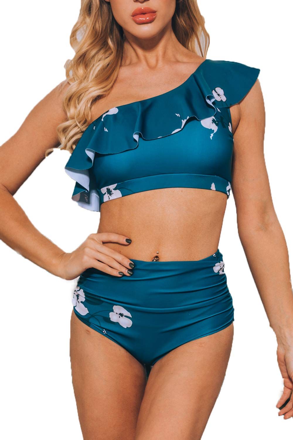 ioiom Women Two Piece Swimsuit High Waisted One Shoulder Ruffled Bikini Set | Amazon (US)