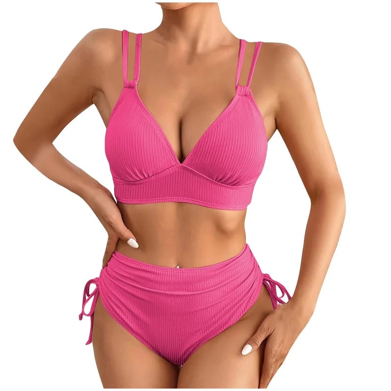 UTSJKR Women's Bikini Sets Two Piece Swimsuit V Neck High Waisted Ruched Tummy Control 2025 Summe... | Walmart (US)