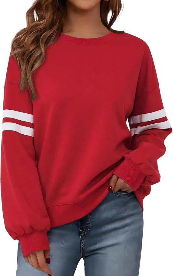 Womens Varsity Striped Sweatshirt Oversized Drop Shoulder Sweat Shirt | Crew Neck, Long Sleeve, L... | Amazon (US)