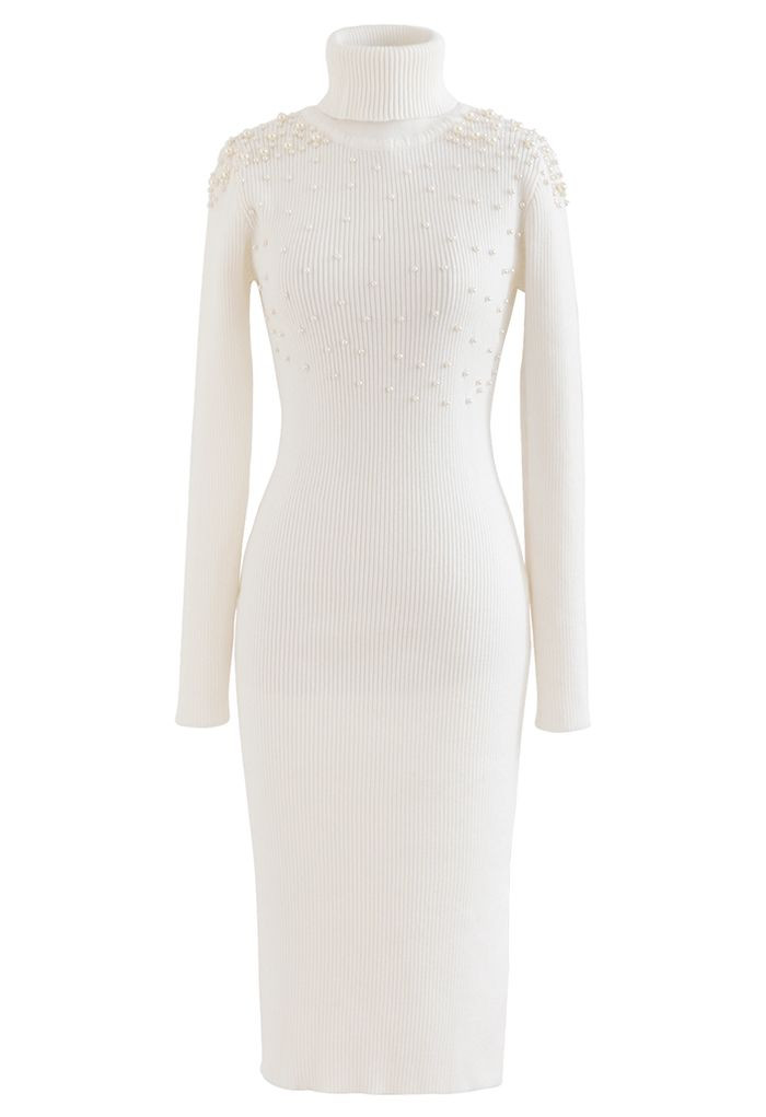Pearl Decorated Turtleneck Bodycon Knit Dress in White | Chicwish