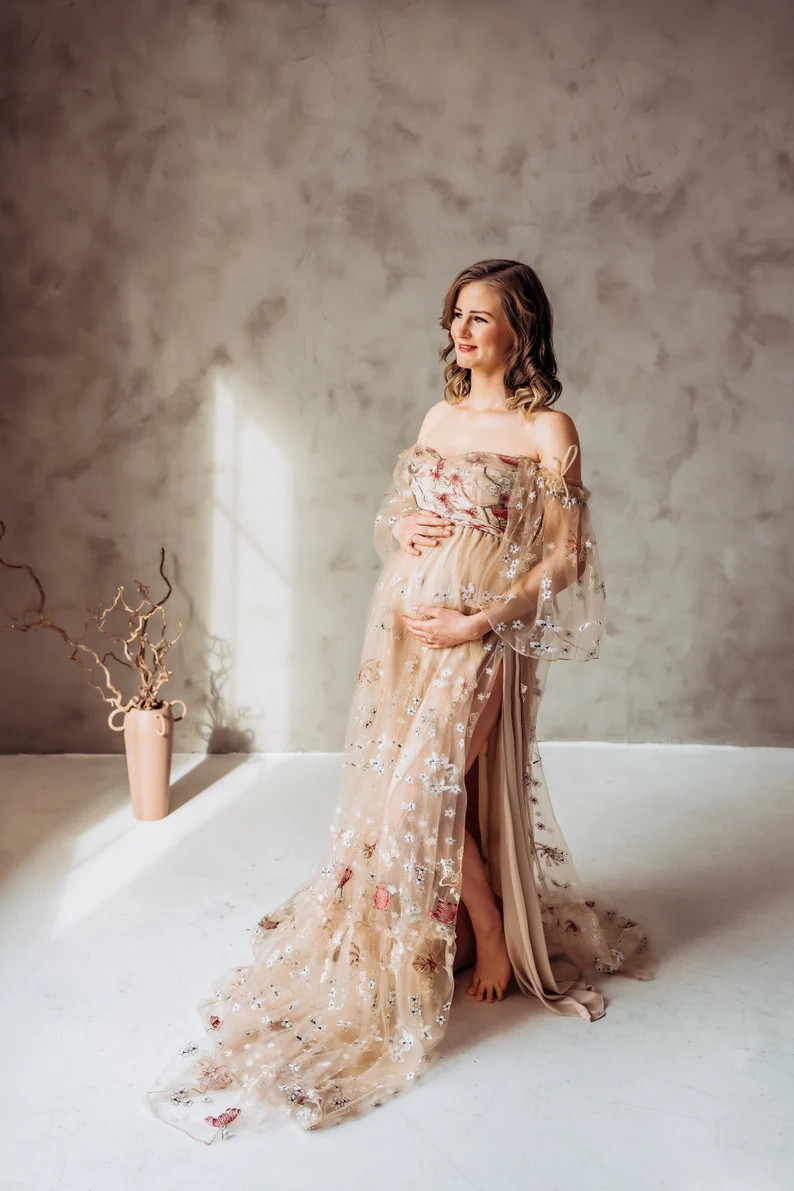 Floral Tulle Maternity dress for photoshoot, Boho Maternity gown baby shower, Photo shoot dress, ... | Etsy (US)