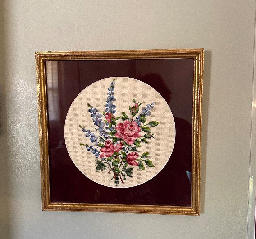 Vintage Needlework Pink Roses & Blue Floral Design Art Framed Wall Hanging | Etsy (US)