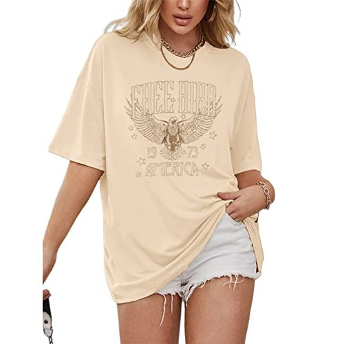 Women Vintage Rock Band T-Shirt America Free Bird Eagle Graphic Bleached Tee Rock Lovers Shirt Casual Short Sleeve Top(Beige-55, S) | Amazon (US)