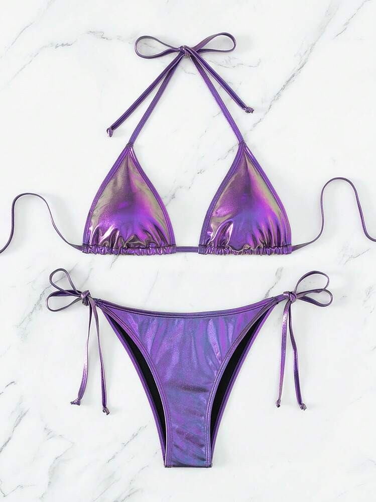 Swim Vcay Summer Beach Metallic Halter Triangle Tie Side Bikini Set | SHEIN