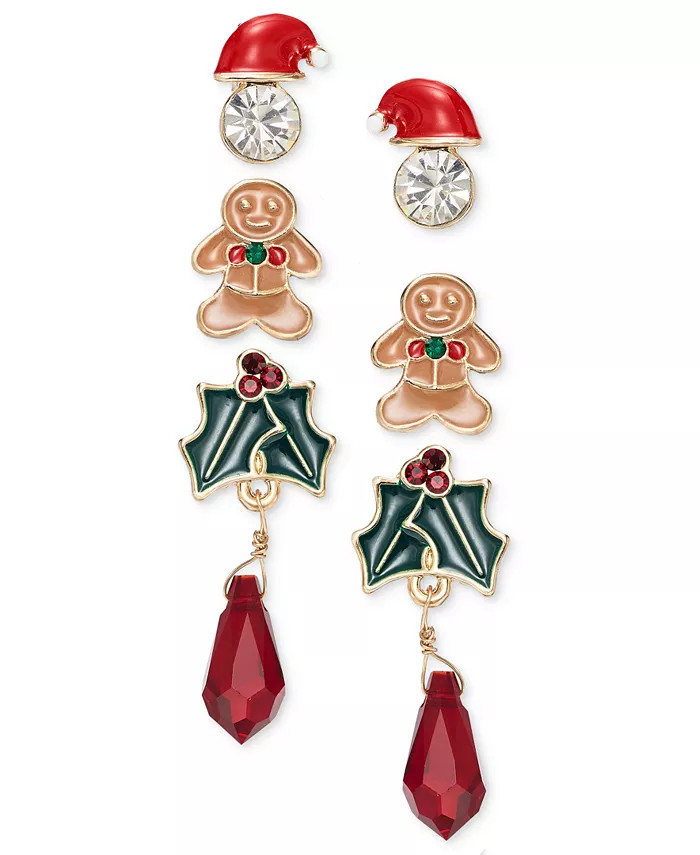 Holiday Lane Gold-Tone 3-Pc. Set Holiday-Theme Earrings, Created for Macy's - Macy's | Macy's