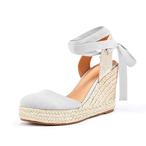 Ermonn Womens Espadrilles Wedge Sandals Platform Closed Toe Ankle Strap Lace Up Summer Shoes | Amazon (US)