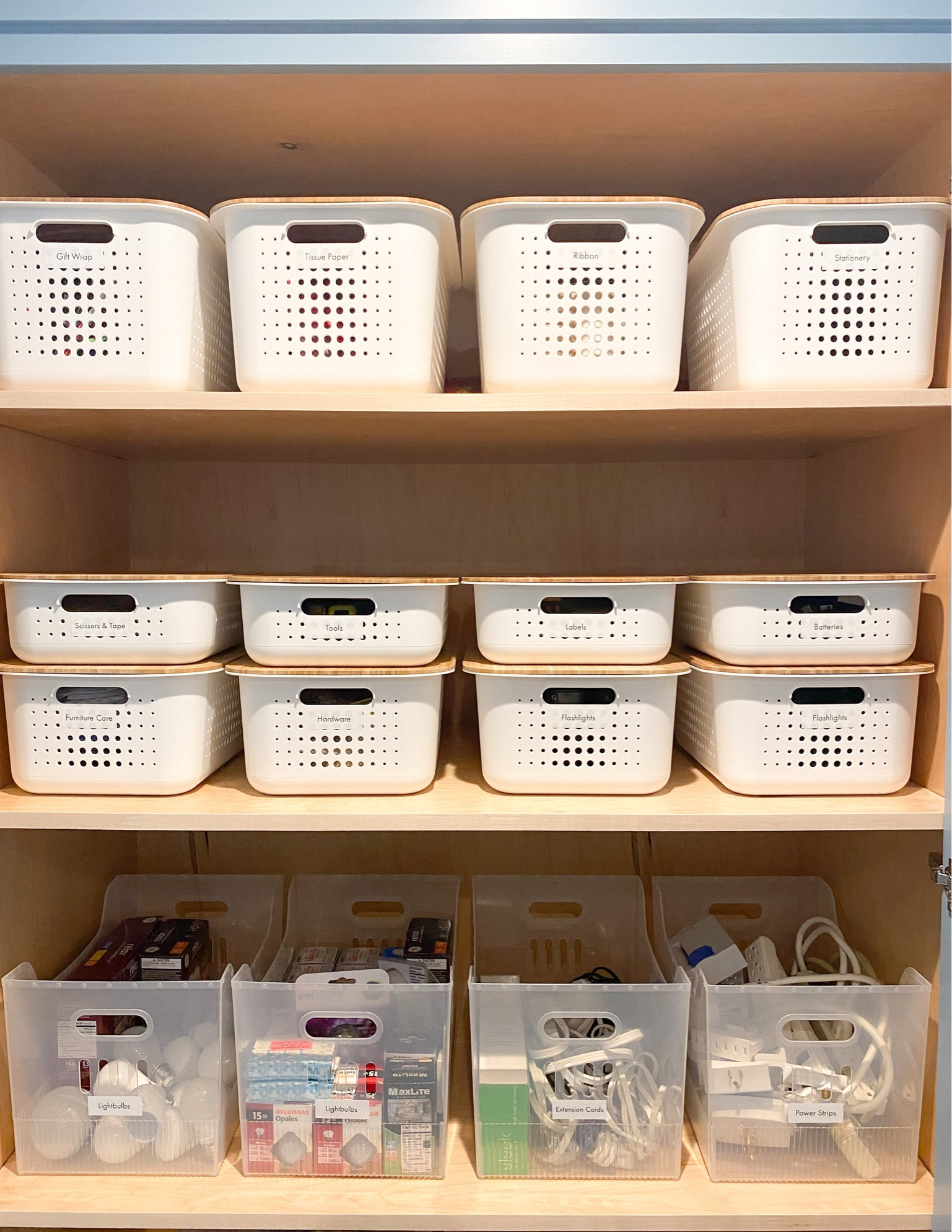 These nordic bins are so versatile! We love using them in utility closets like you see here or in bathroom or linen closets. They come in 3 sizes all shown here as well as other colors. The bamboo lids add a nice visual element and allow the baskets to stack. A matching white lid is also available for a monotone look. Sometimes we add label holders and sometimes we just put the label on the bin like we did here. The clear multipurpose bins are another favorite that we love to use in utility areas like this. We love the clear so you can easily see inside. Shown here is the XL.

#LTKFind #LTKhome