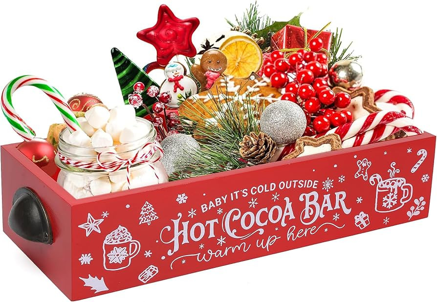 Hot Cocoa Bar Christmas Decor Box, Red Wooden Storage Caddy with Handles, Hot Chocolate Bar for S... | Amazon (US)